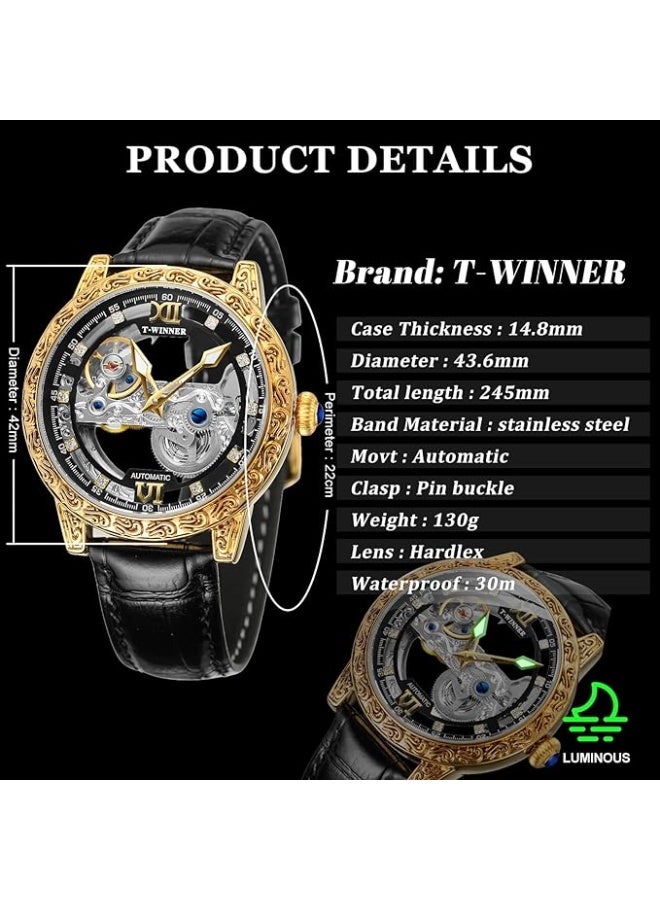 Winner Men Vintage Mechanical Self-wind Watch, Gorgeous Carving Totem Bezel，Luxury Double-sided Hallow Skeleton Dail with Diamond Scale Automatic Watches, Big Dial Leather Strap Wristwatch - Image 5
